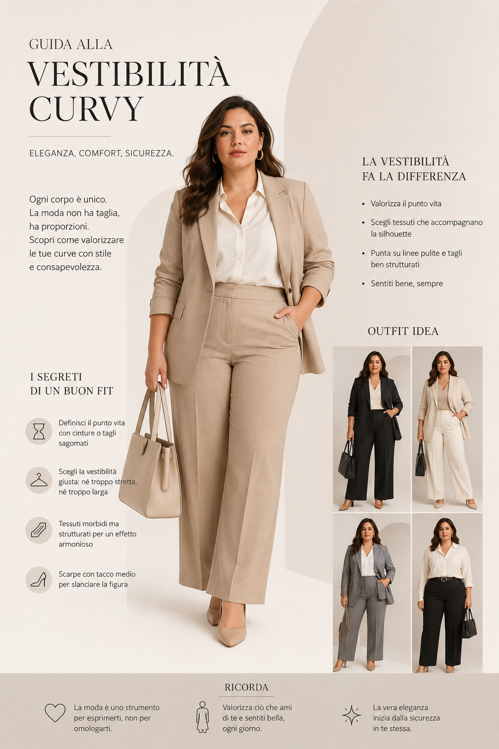 Donna curvy con outfit moderno che valorizza fit, proporzioni e vestibilità