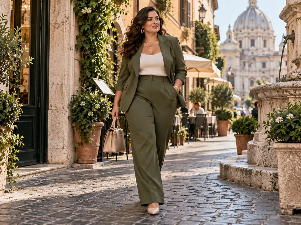 Donna curvy con completo verde oliva elegante