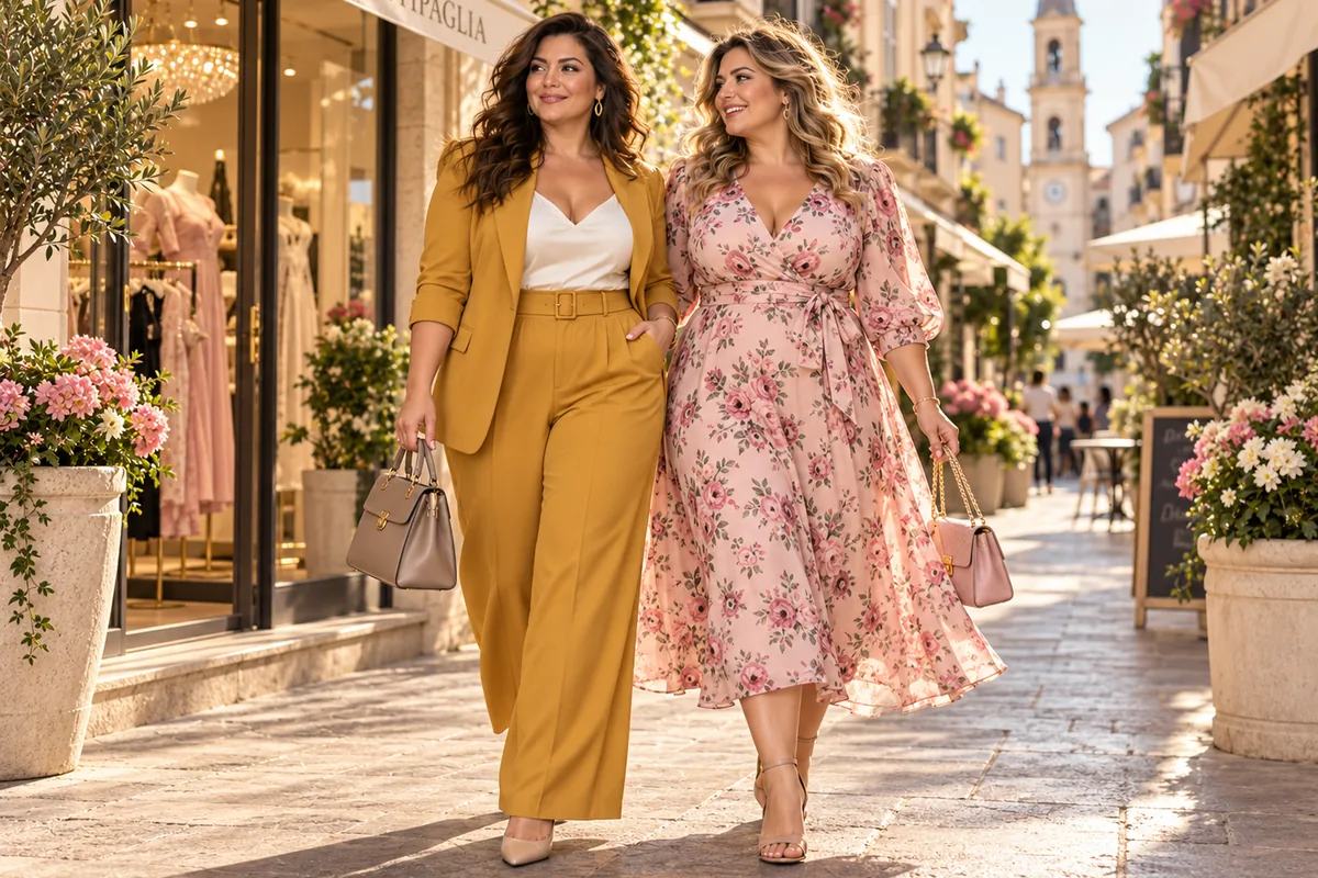 Due donne curvy con outfit colorati durante una passeggiata a Battipaglia