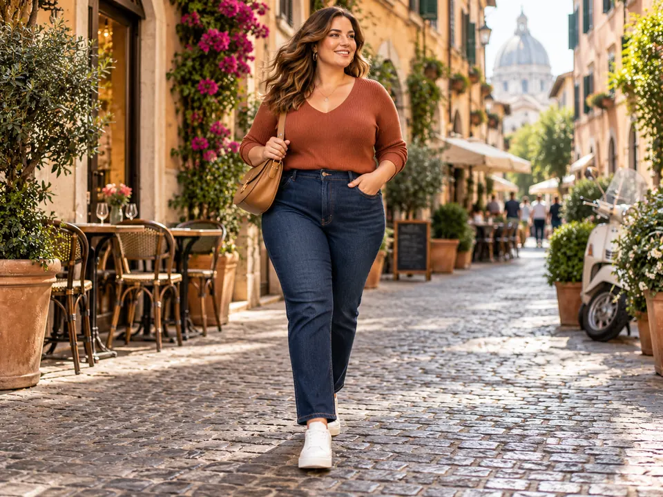 Donna curvy con maglia terracotta e jeans in una strada italiana