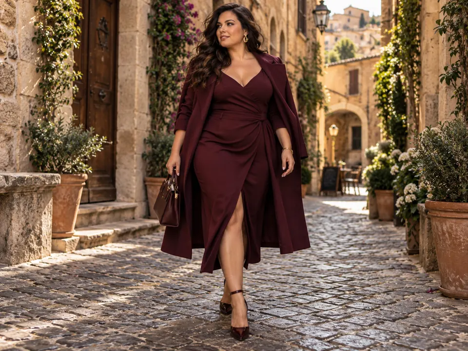 Donna curvy con look bordeaux elegante in un borgo italiano