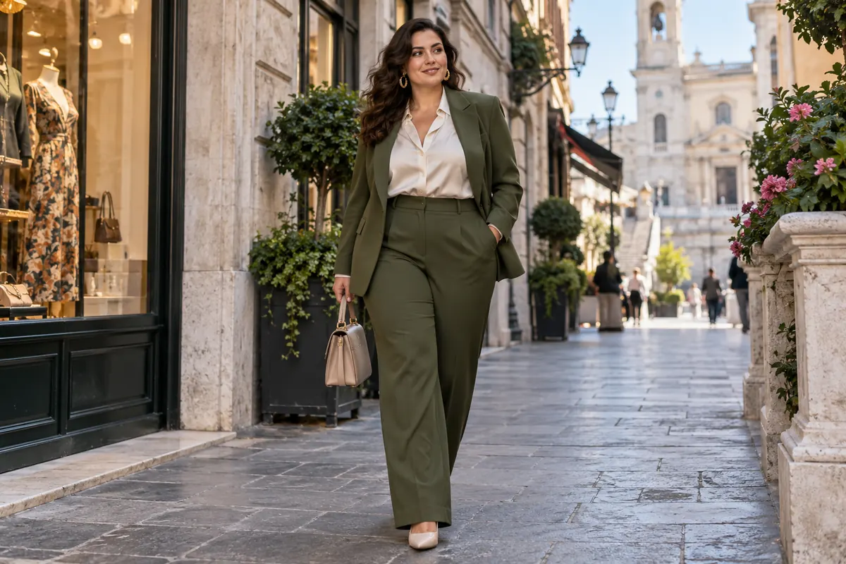 Completo verde oliva per un guardaroba curvy elegante