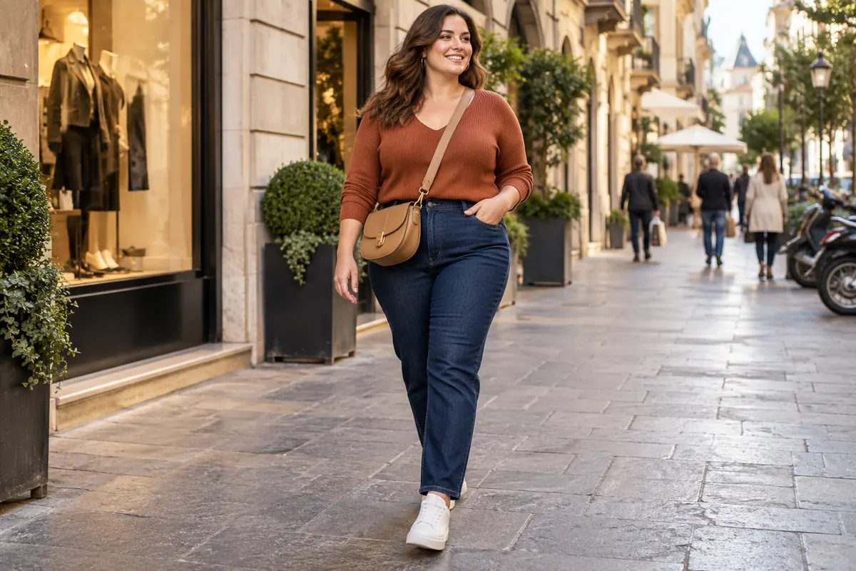 Look curvy casual per il tempo libero Look curvy casual con jeans e maglia terracotta