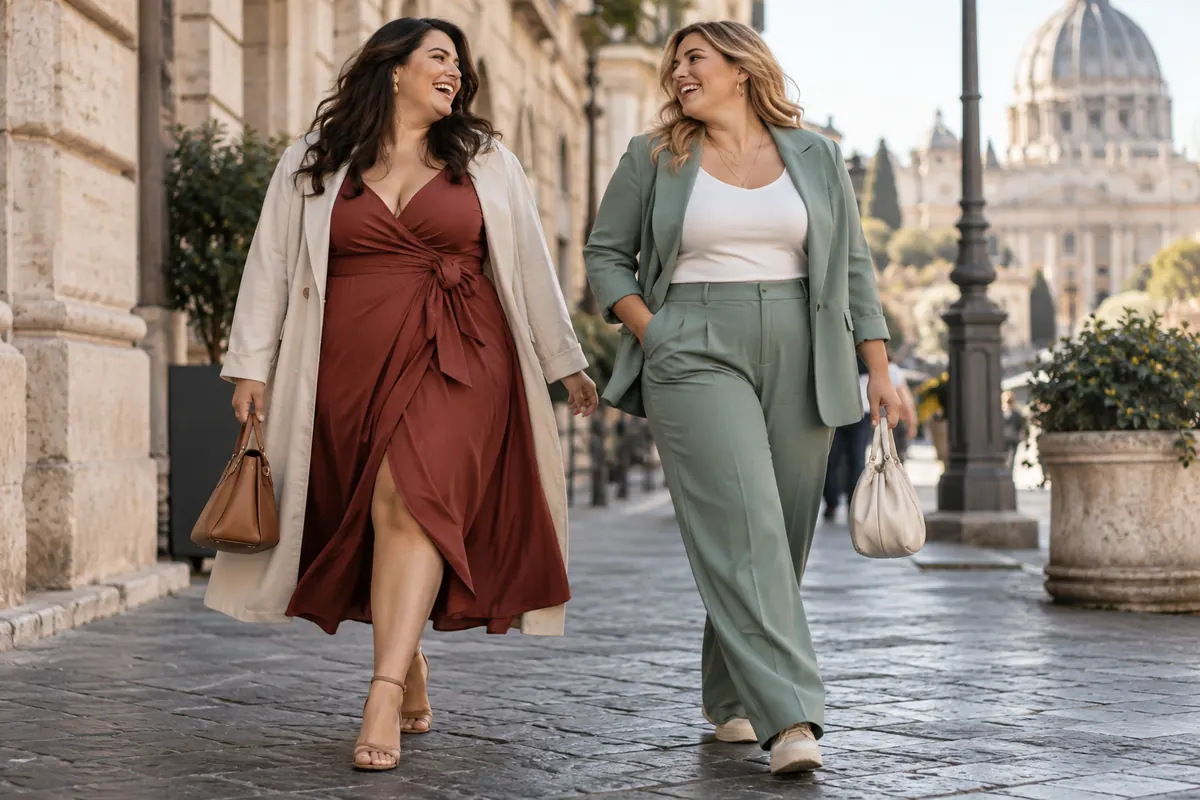 Look curvy per ufficio ed eventi Due donne curvy con look eleganti per occasioni diverse