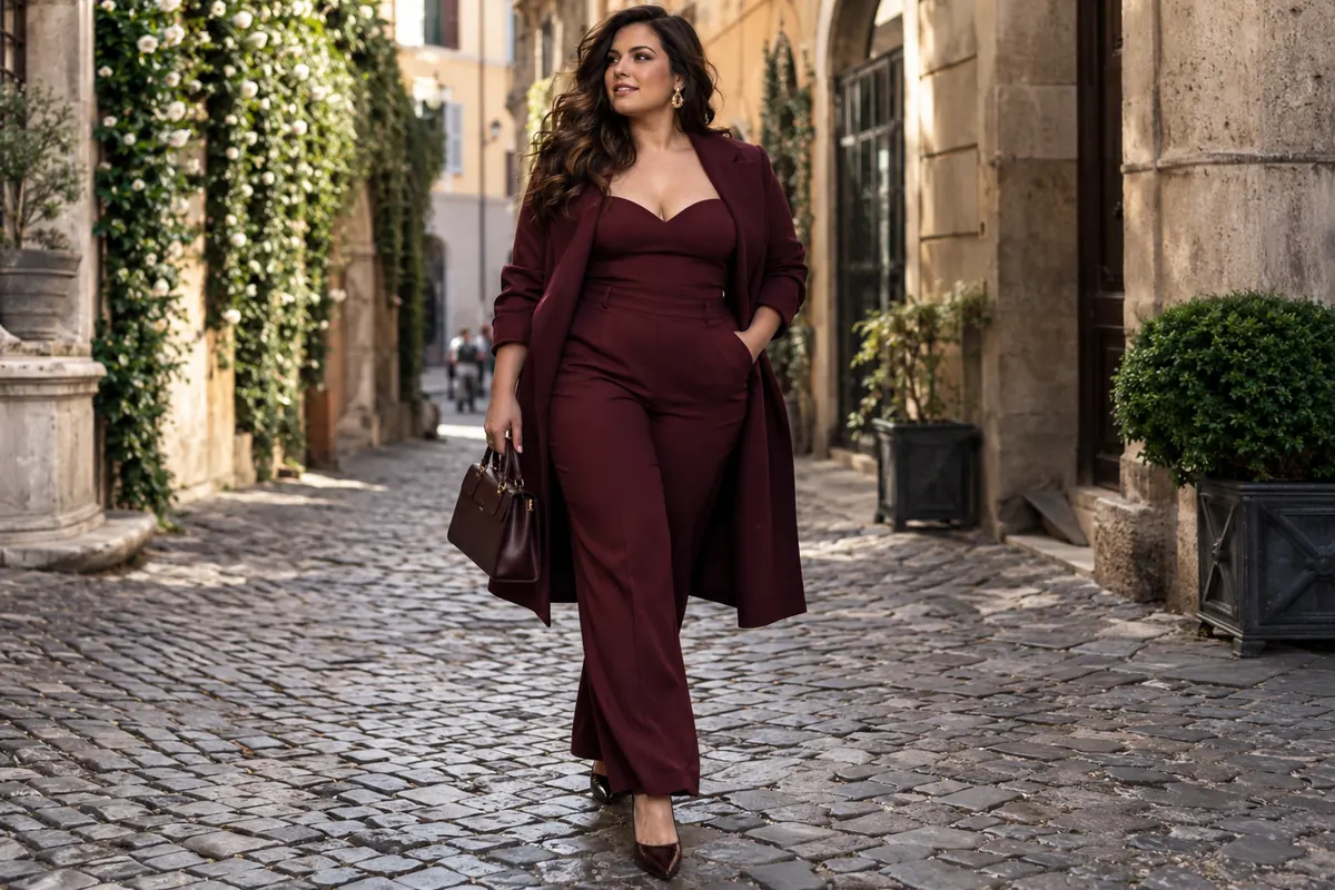 Look curvy da sera in bordeaux Look curvy elegante bordeaux per una serata o un evento